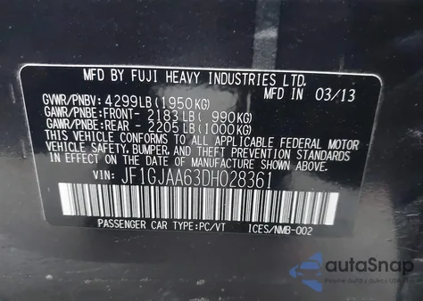 2013 Subaru Impreza 2.0I z USA, uszkodzony, nr VIN JF1GJAA63DH028361